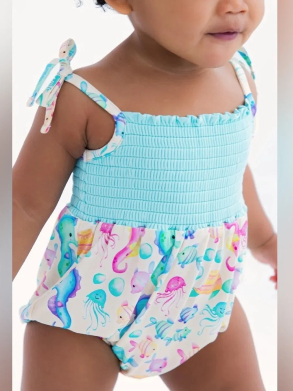 Birdie Bean Aqua Smocked Baby Romper with Ocean Creatures Size 6-12M